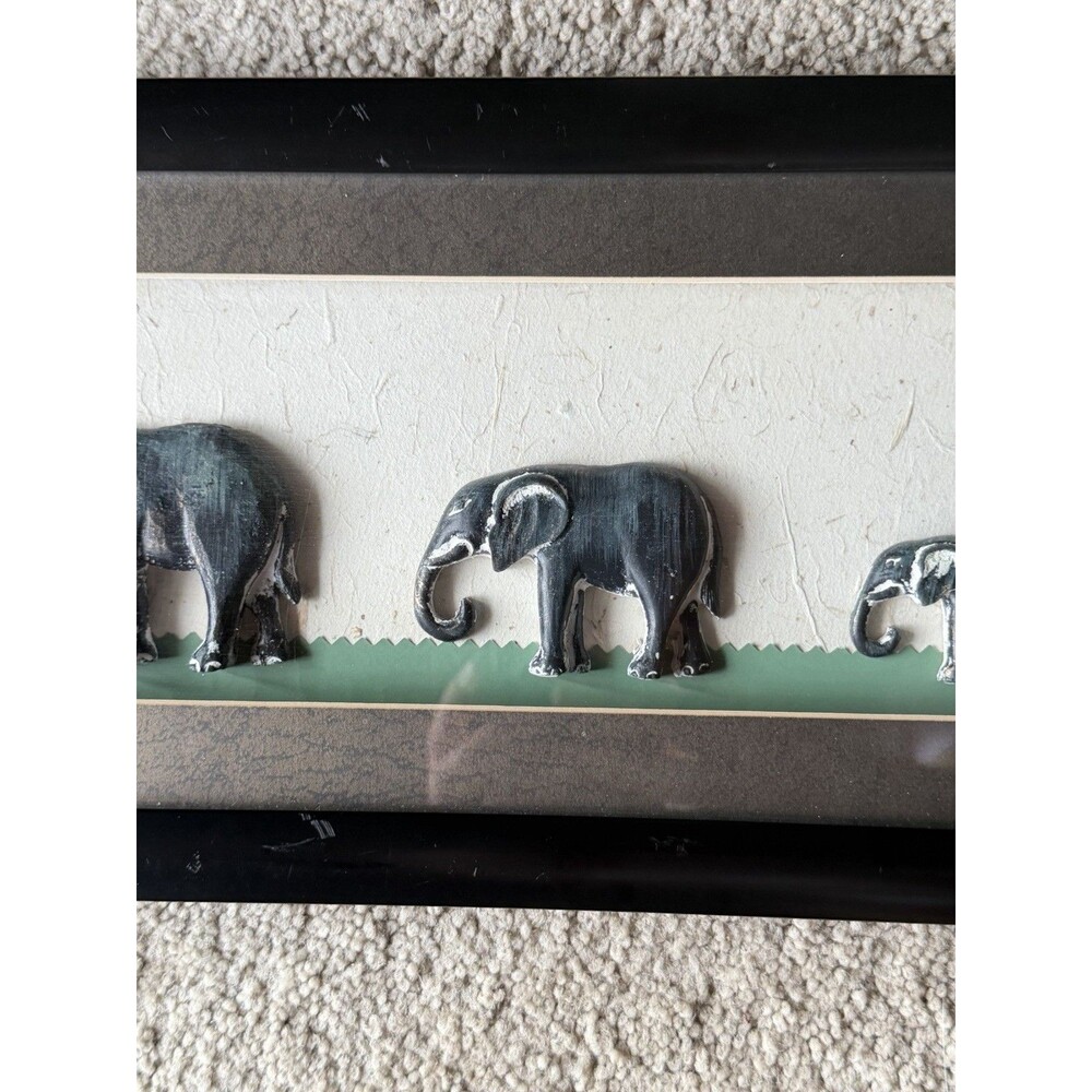 Three Hand-Carved Wooden Elephants in a Decorative Shadowbox Frame